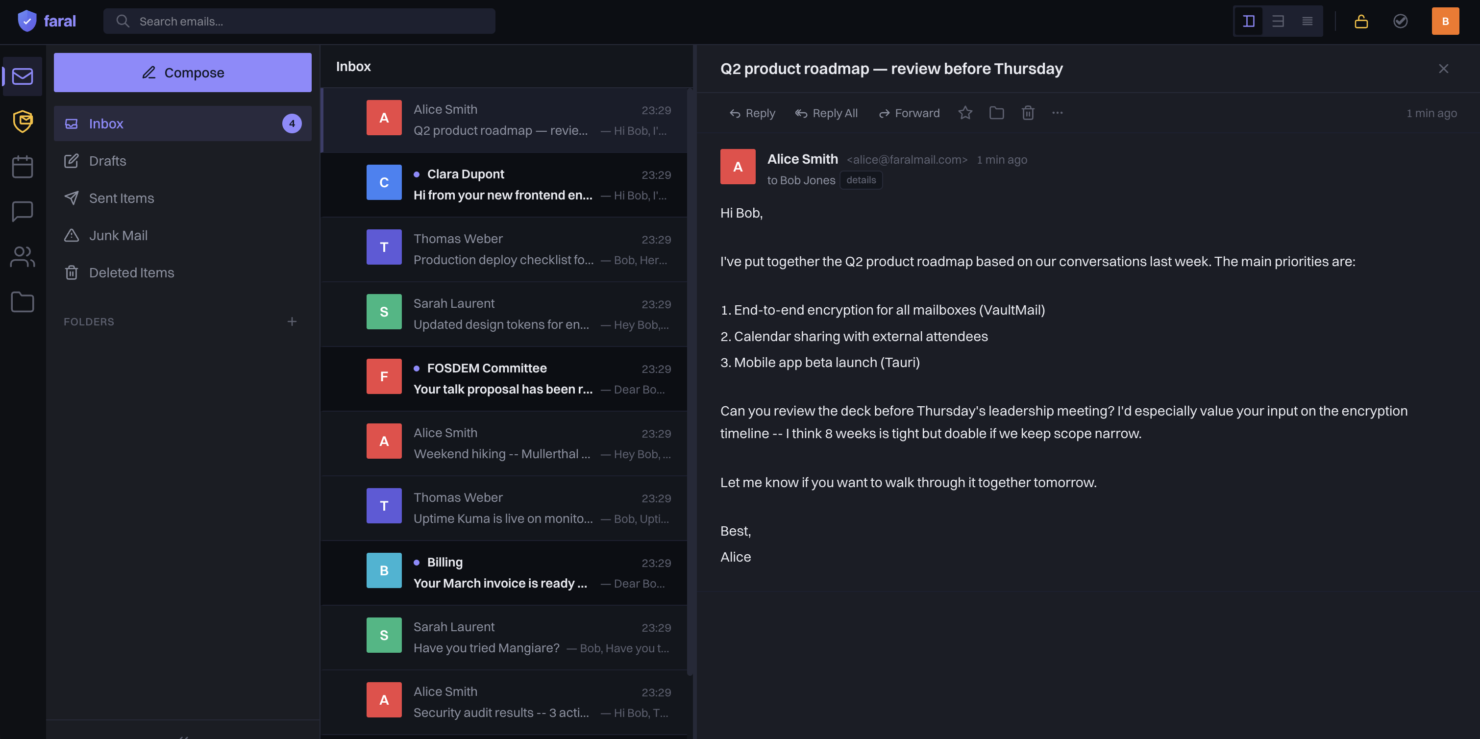 Faral Mail inbox showing threaded conversations and email preview