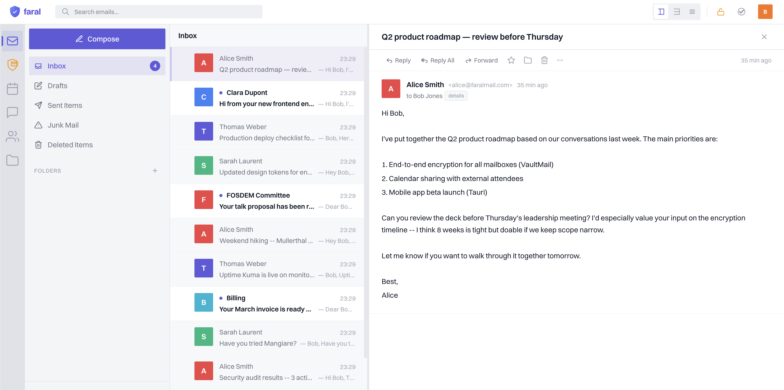 Faral Mail inbox showing threaded conversations and email preview